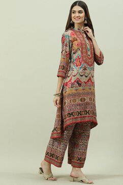 Beige Cotton Blend Asymmetric Printed Kurta Suit Set image number 5