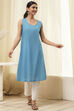 Blue Printed Pleated A-Line Kurta image number 6