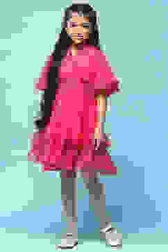 Pink Chiffon Dobby Tiered Dress image number 5