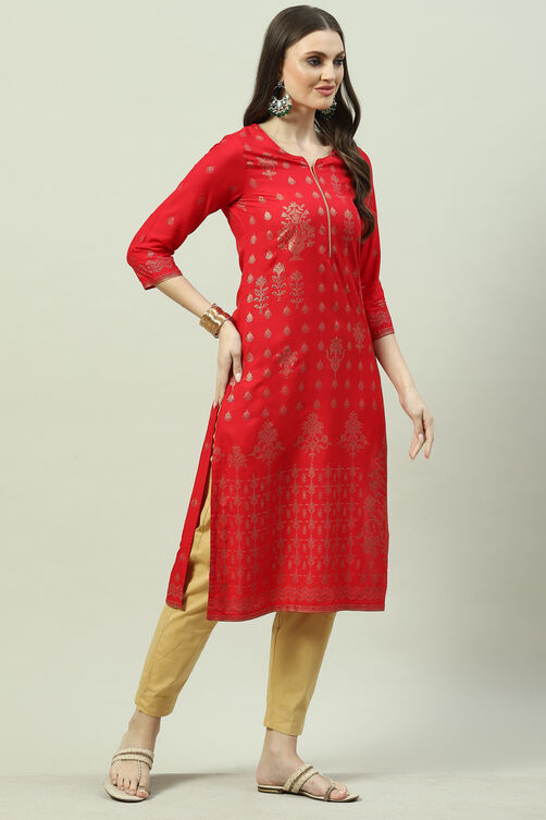 Red LIVA Straight Printed Kurta image number 2