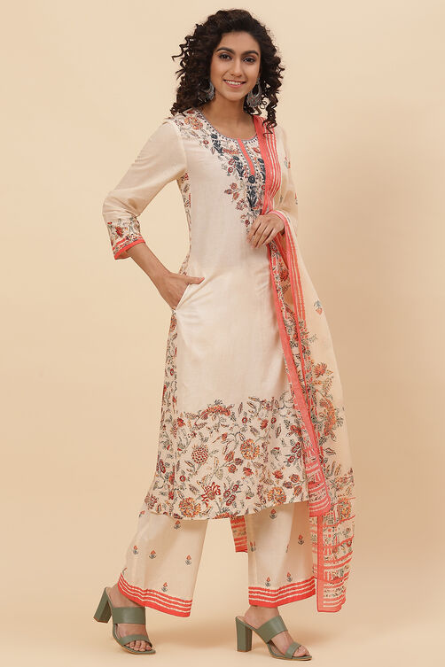 Peach Cotton Straight Kurta Palazzo Suit Set image number 6