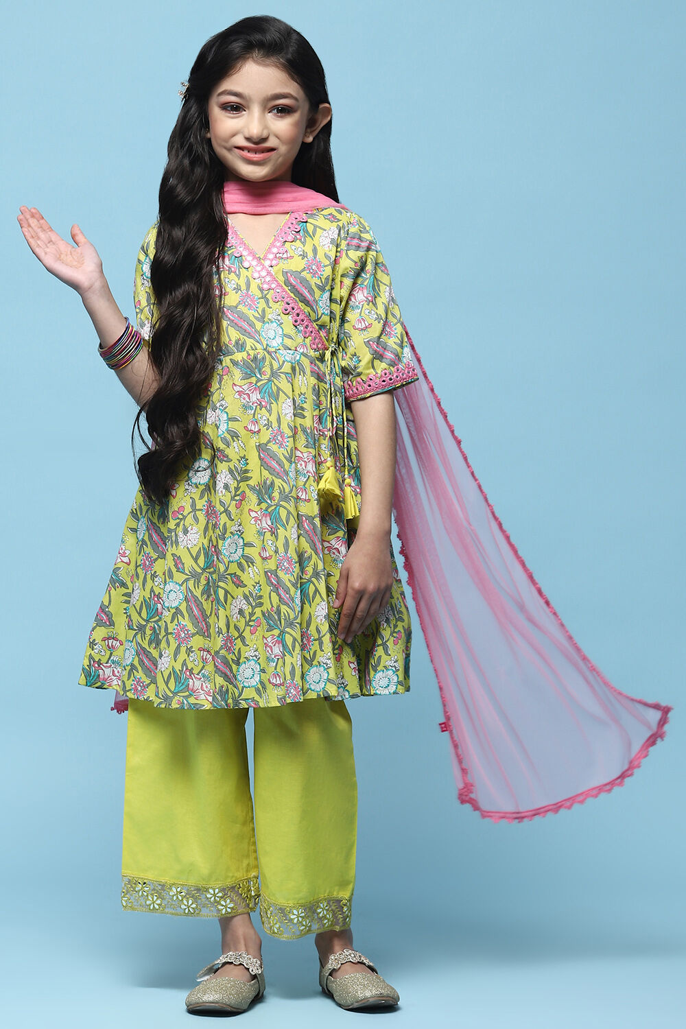 Yellow Gathered Cotton Kurta With Palazzo & Net Dupatta image number 0