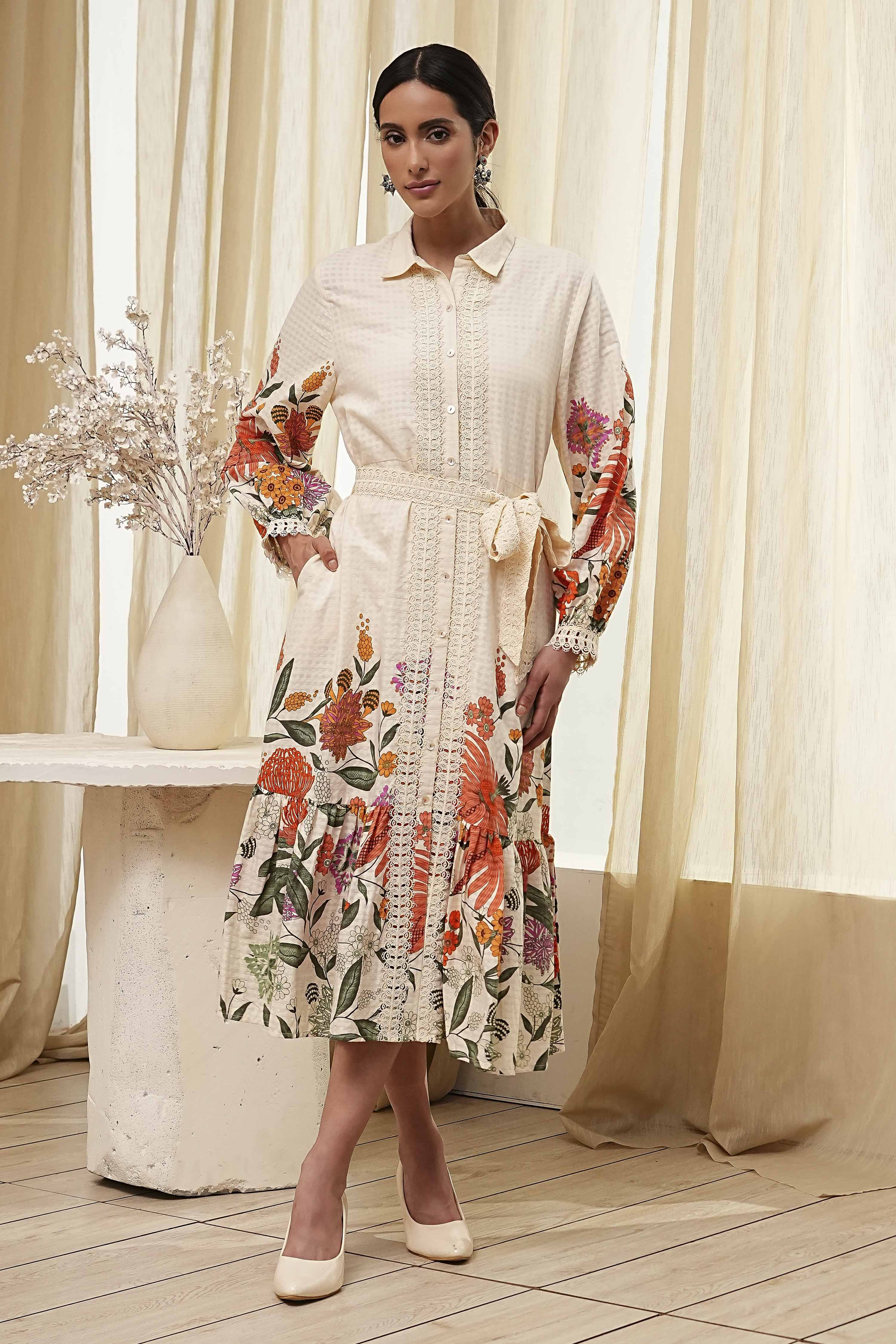 Beige Cotton Floral Shirt-Style Flared Dress image number 4
