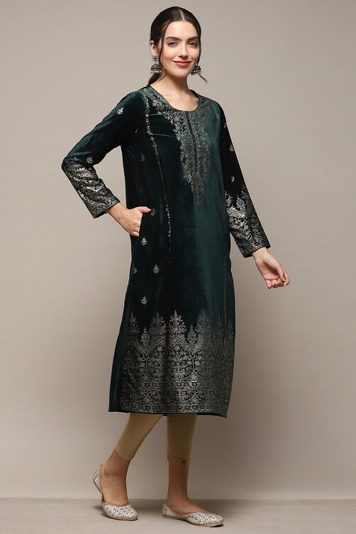 Green Poly Velvet Straight Printed Kurta image number 4