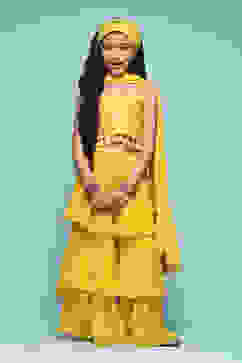 Yellow Polyester Straight Embroidered Suit Set image number 7