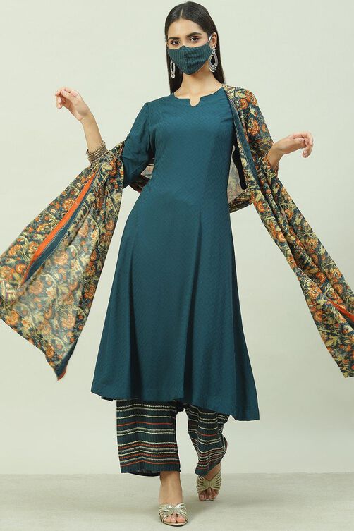 Teal LIVA Straight Kurta Palazzo Suit Set image number 7