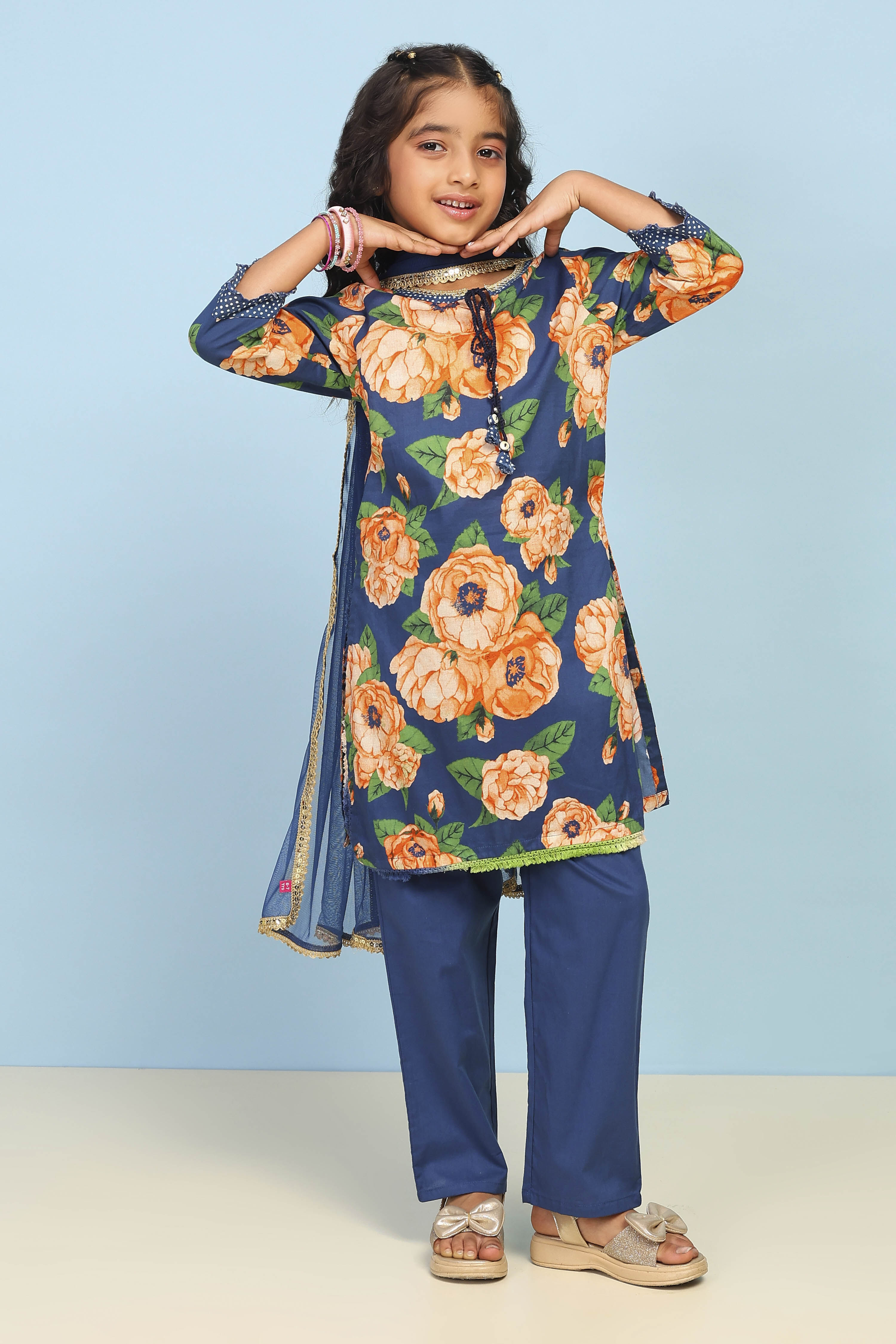 Blue Cotton Straight Printed Suit Set image number 6