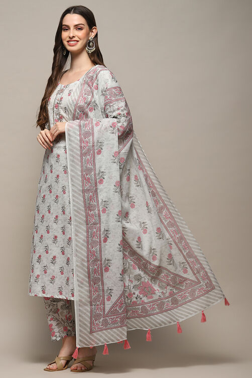 Buy White Cotton Unstitched Suit set (Kurta, Bottom, Dupatta) for ...