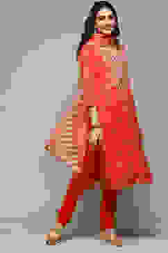 Red Viscose Straight Kurta Churidar Suit Set image number 6