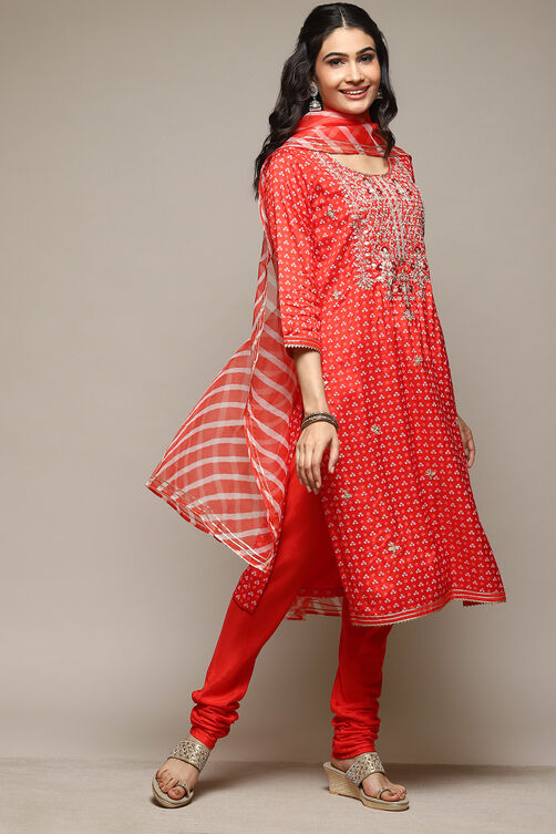 Red Viscose Straight Kurta Churidar Suit Set image number 6