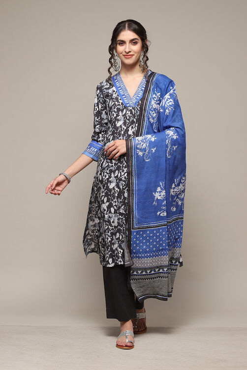 Charcoal LIVA Straight Printed Kurta Narrow Palazzo Suit Set image number 7