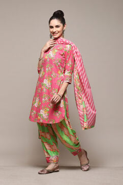Pink & Green Cotton Straight Kurta Palazzo Suit Set image number 6