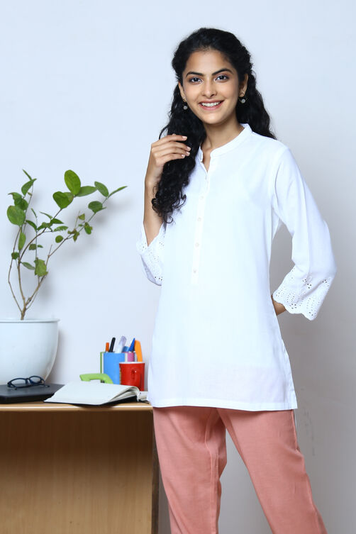 White Cotton Flax Solid Kurti image number 0