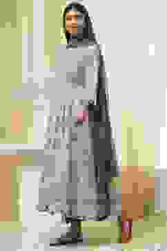 Dull Blue Cotton Floral Anarkali Suit Set image number 3