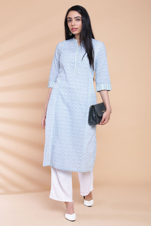 Mint Green Straight Cotton Printed Kurta image number 4