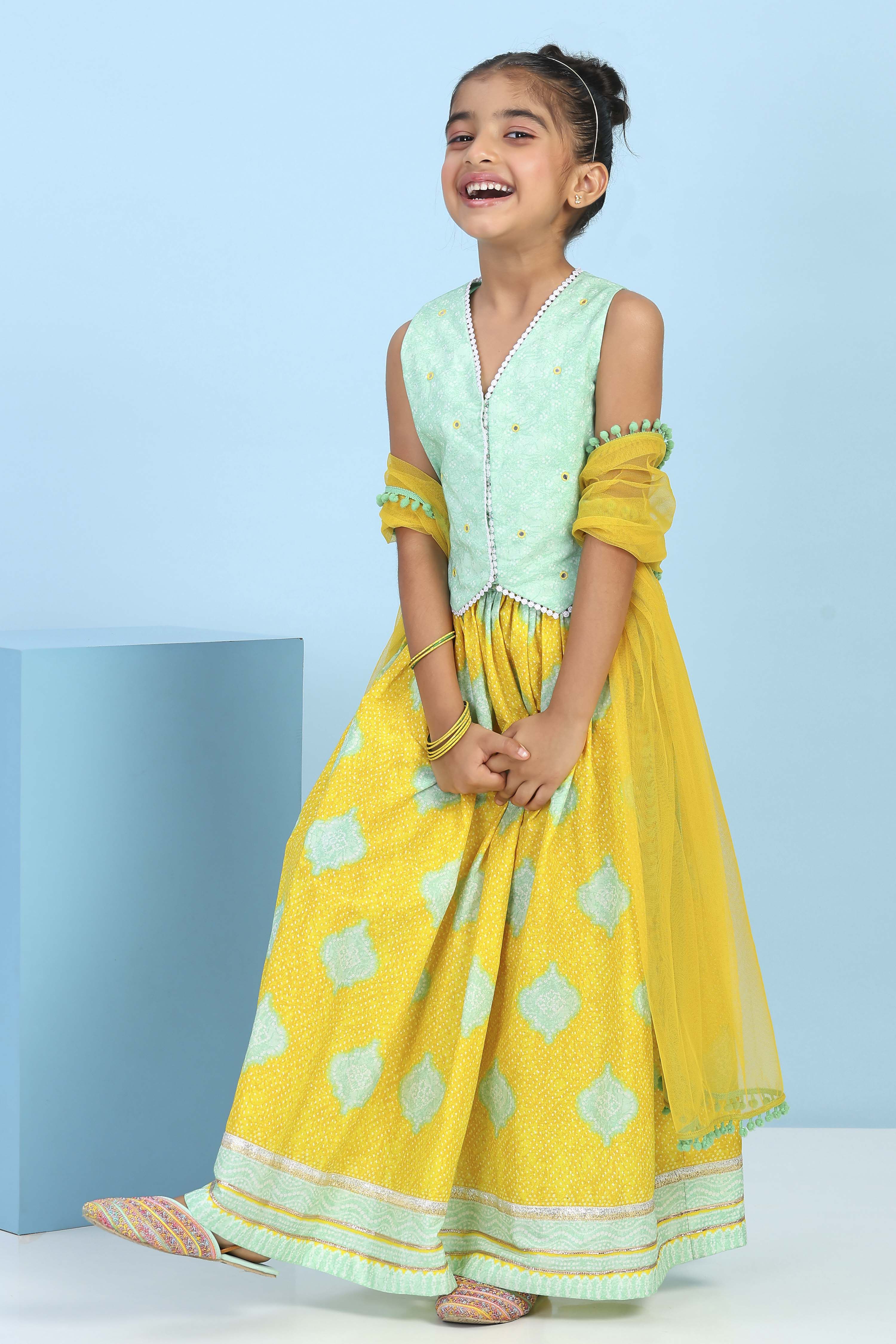 Sage Green Cotton Printed Straight Lehenga Set image number 3