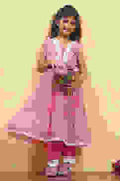 Pink Cotton Tiered Printed Kurta Salwar Set image number 0
