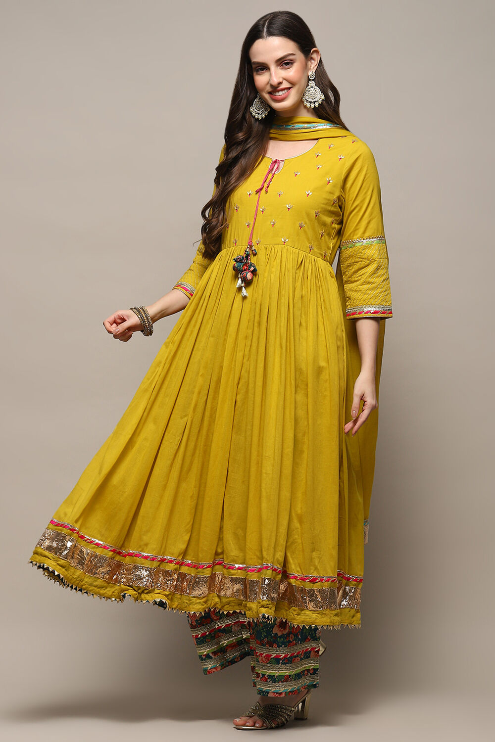 Lime Green Cambric Anarkali Kurta Palazzo Suit Set image number 7