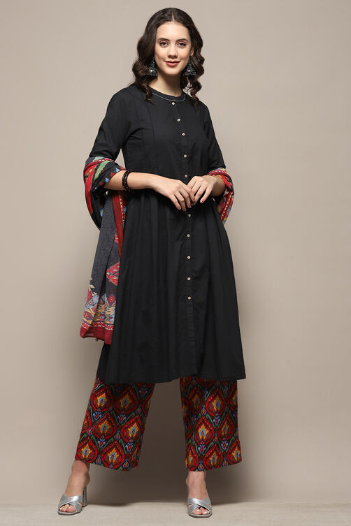 Charcoal Grey Cotton Pleated Kalidar Suit Set