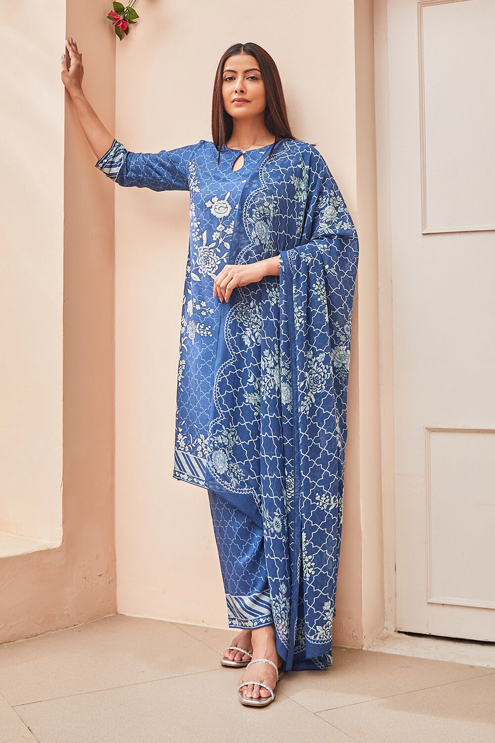 Indigo Rayon Straight Suit Set image number 0
