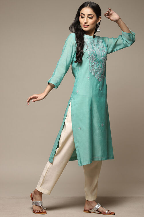 Sea Green Cotton Blend Straight Yarndyed Kurta image number 3