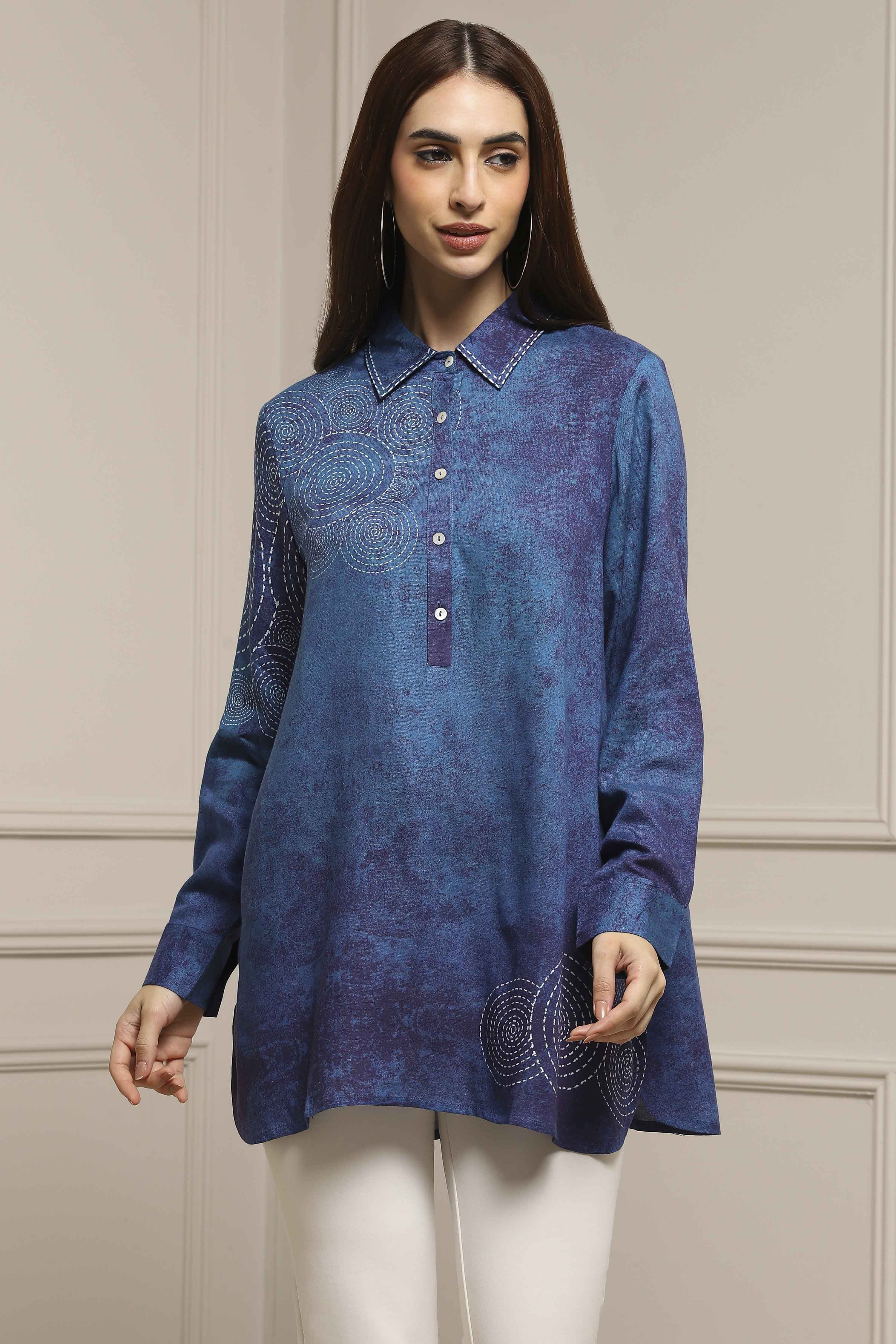 Blue Viscose Rayon A-Line Printed Top image number 0