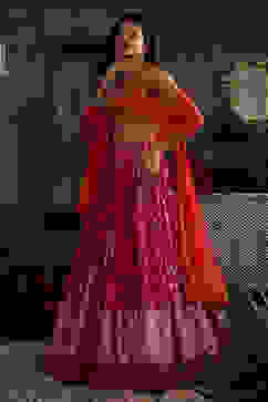 Pink and Orange Chanderi Jacquard Lehenga Set image number 3