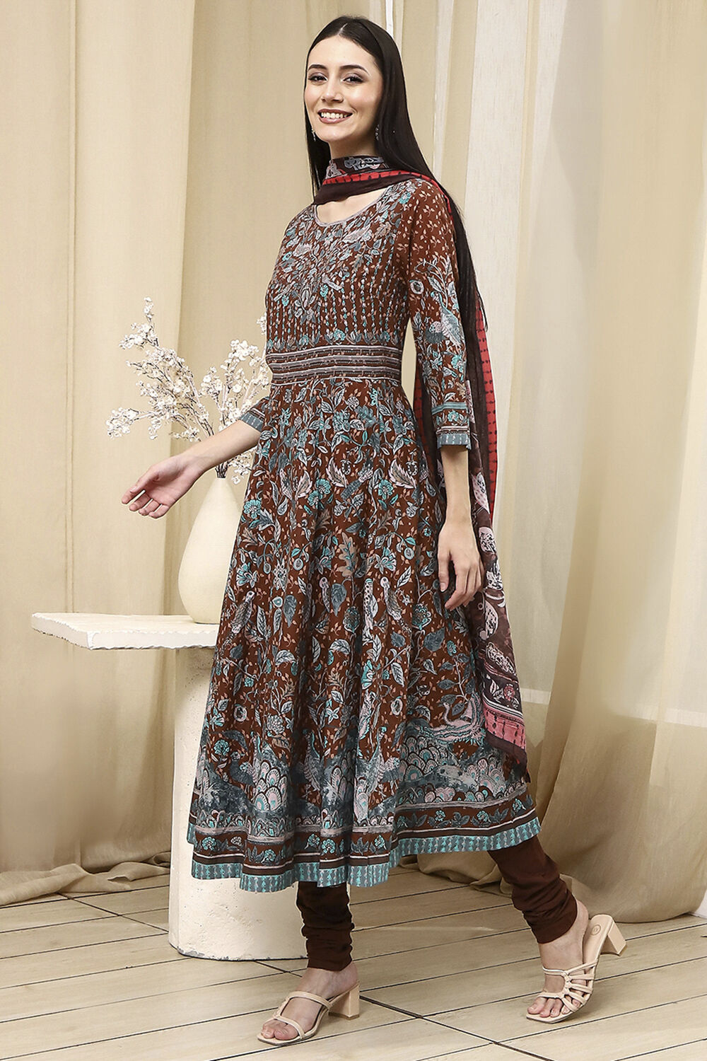 Brown Cotton Fitted Anarkali Suit Set image number 3