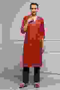 Red Cotton Straight Printed Kurta image number 5