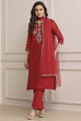 Red Art Silk Straight Kurta Slim Pant Suit Set image number 0