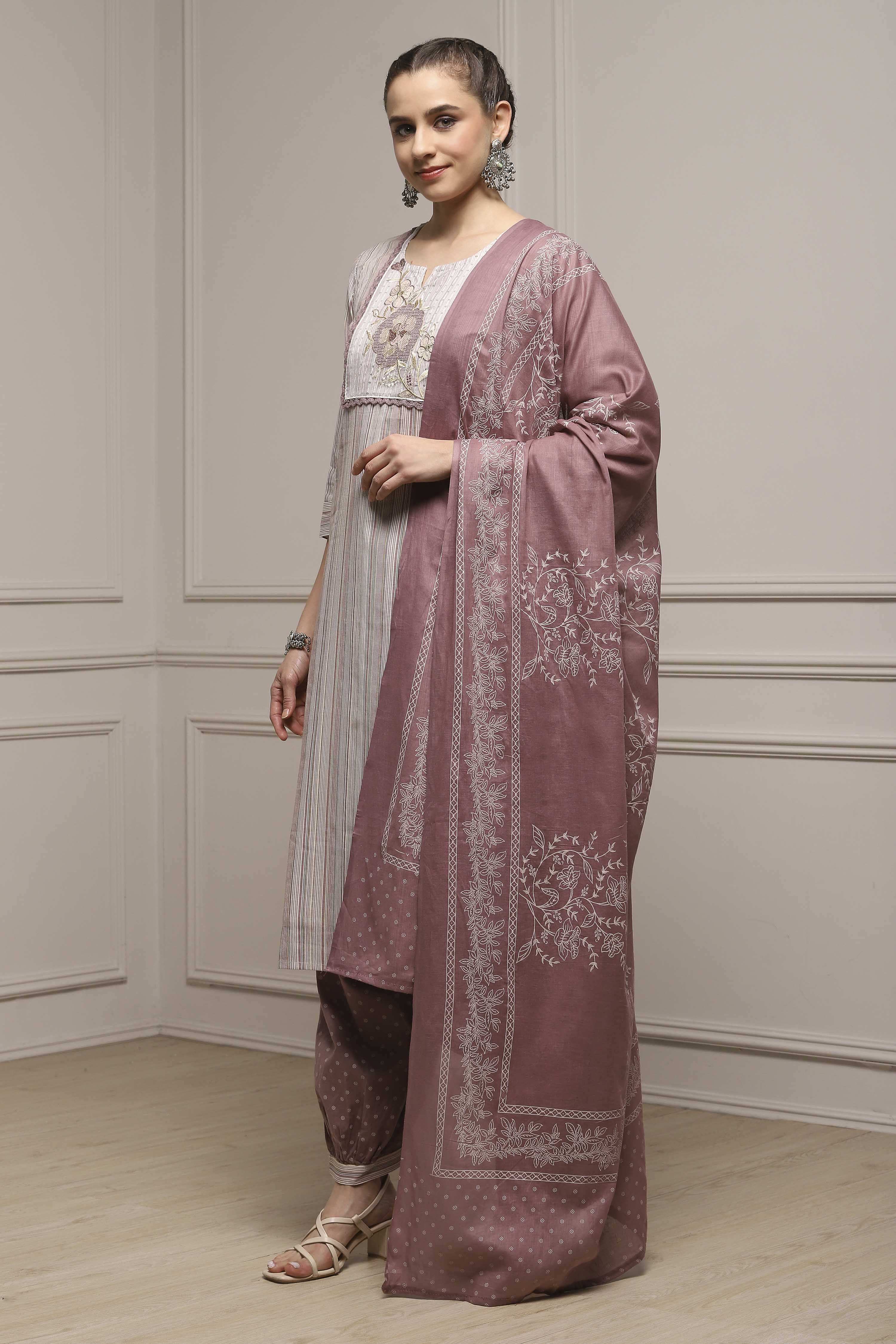 Brown Cotton Blend Printed Unstitched Suit Set image number 4