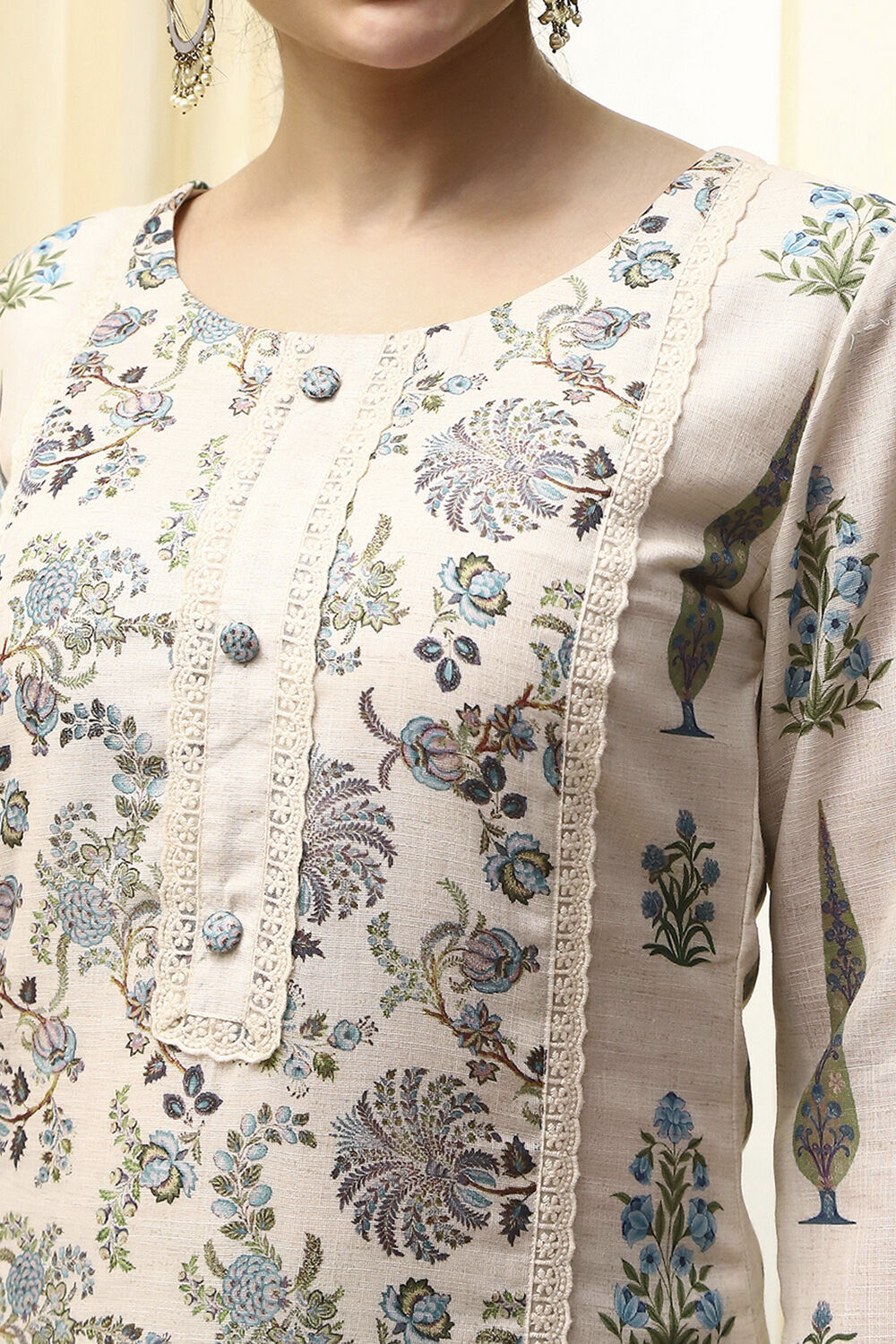 White Blue Cotton Blend Machine Embroidered Unstitched Suit Set image number 2