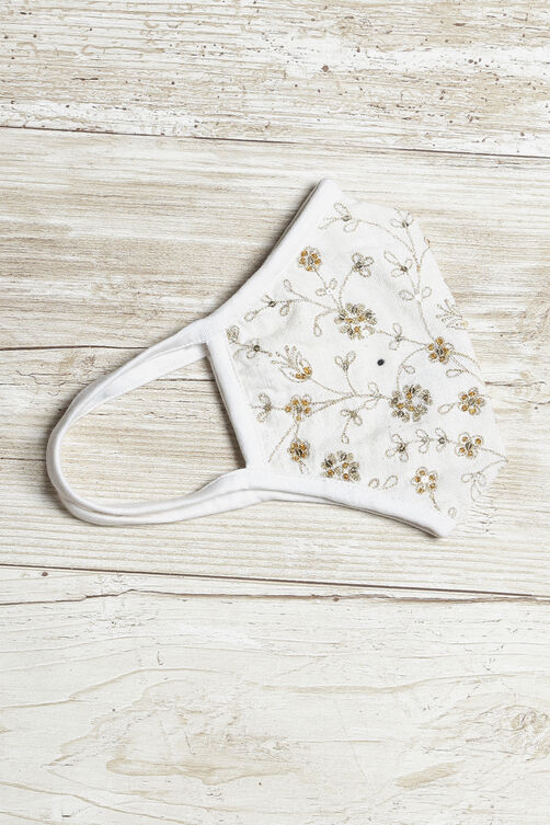 White Cotton Flax Embroidered Face Mask image number 1