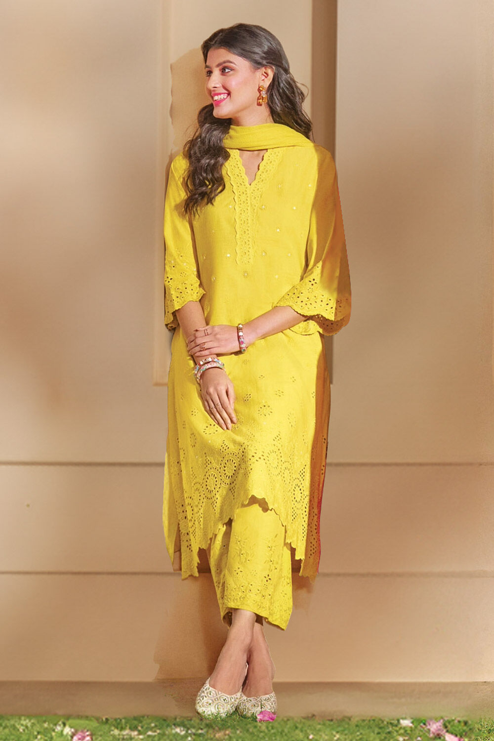 Lime Yellow Cotton Schiffli Straight Suit Set image number 7