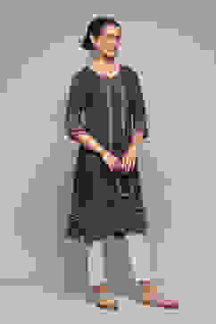 Navy LIVA Straight Printed Kurta image number 3