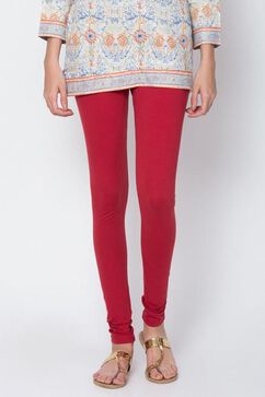 Red Cotton Blend Dyed Leggings image number 1