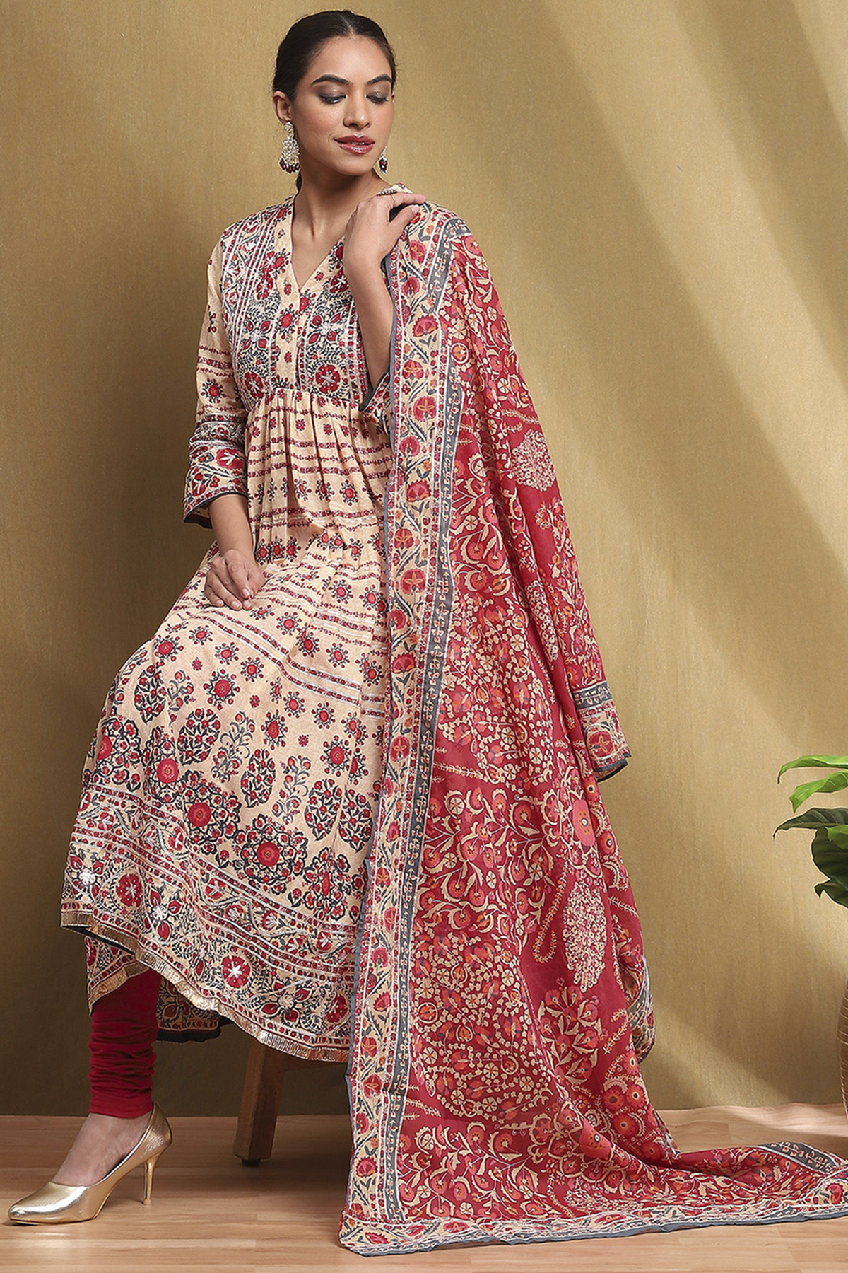 Beige and Red Cotton Anarkali Suit Set