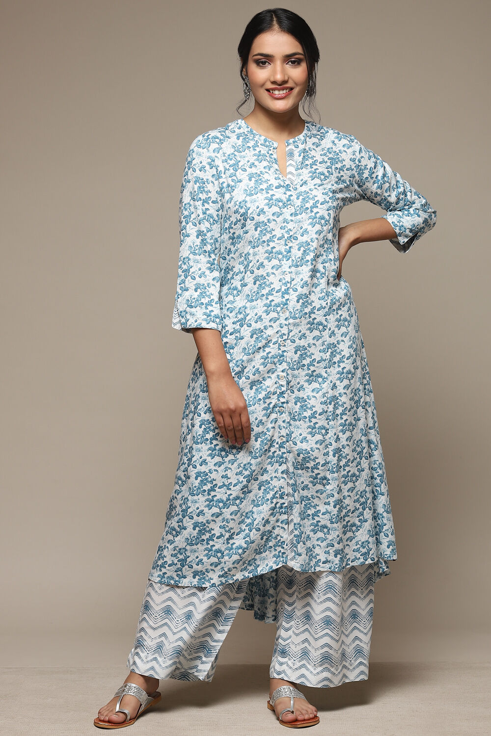 White & Blue Rayon Straight Kurta Palazzo Suit Set image number 0