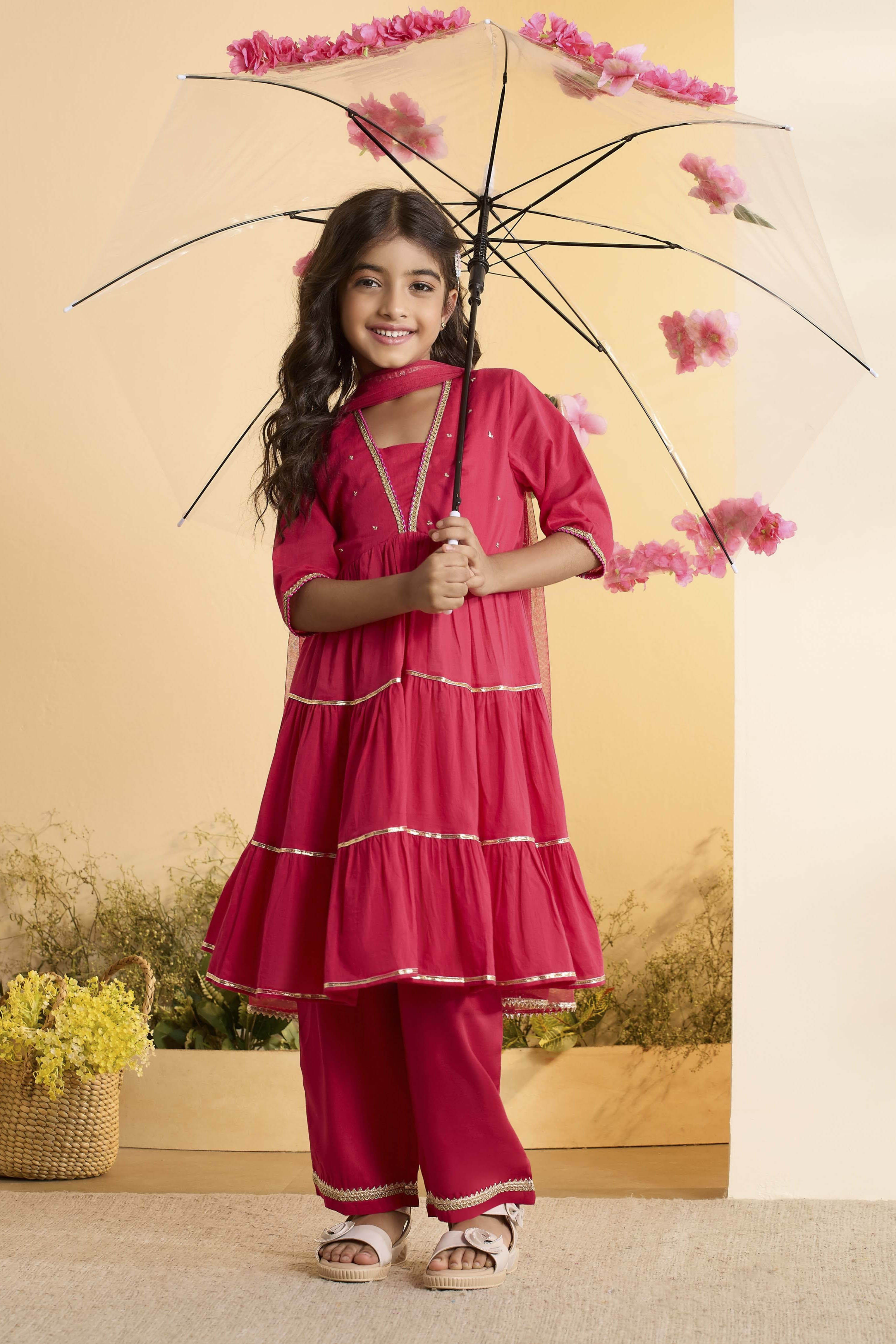 Red Cotton Floral Tiered Kurta Set image number 0