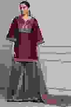 Maroon and Gold-Toned Cotton Silk Blend Sharara Suit Set image number 6