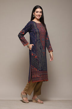 Navy Poly Cotton Straight Yarndyed Kurta image number 4