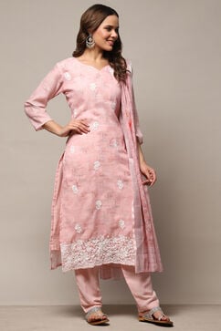 Pink Linen Unstitched Suit Set image number 7