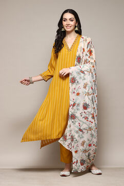 Yellow Rayon Asymmetric Yarndyed Kurta Slim Pant Suit Set image number 0