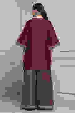 Maroon and Gold-Toned Cotton Silk Blend Sharara Suit Set image number 5