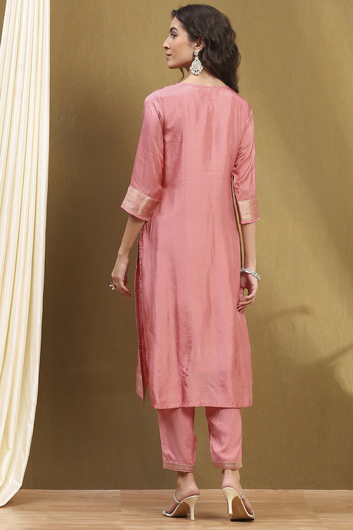 Pink Viscose Blend Yarn Dyed Straight Suit Set image number 4