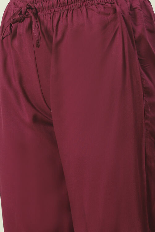 Plum Printed Rayon Straight Kurta Regular Pant Suit Set image number 2