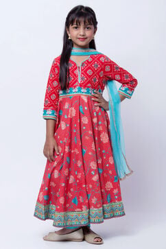 Red And Turquoise Cotton Anarkali Kurta Churidar Suit Set image number 0