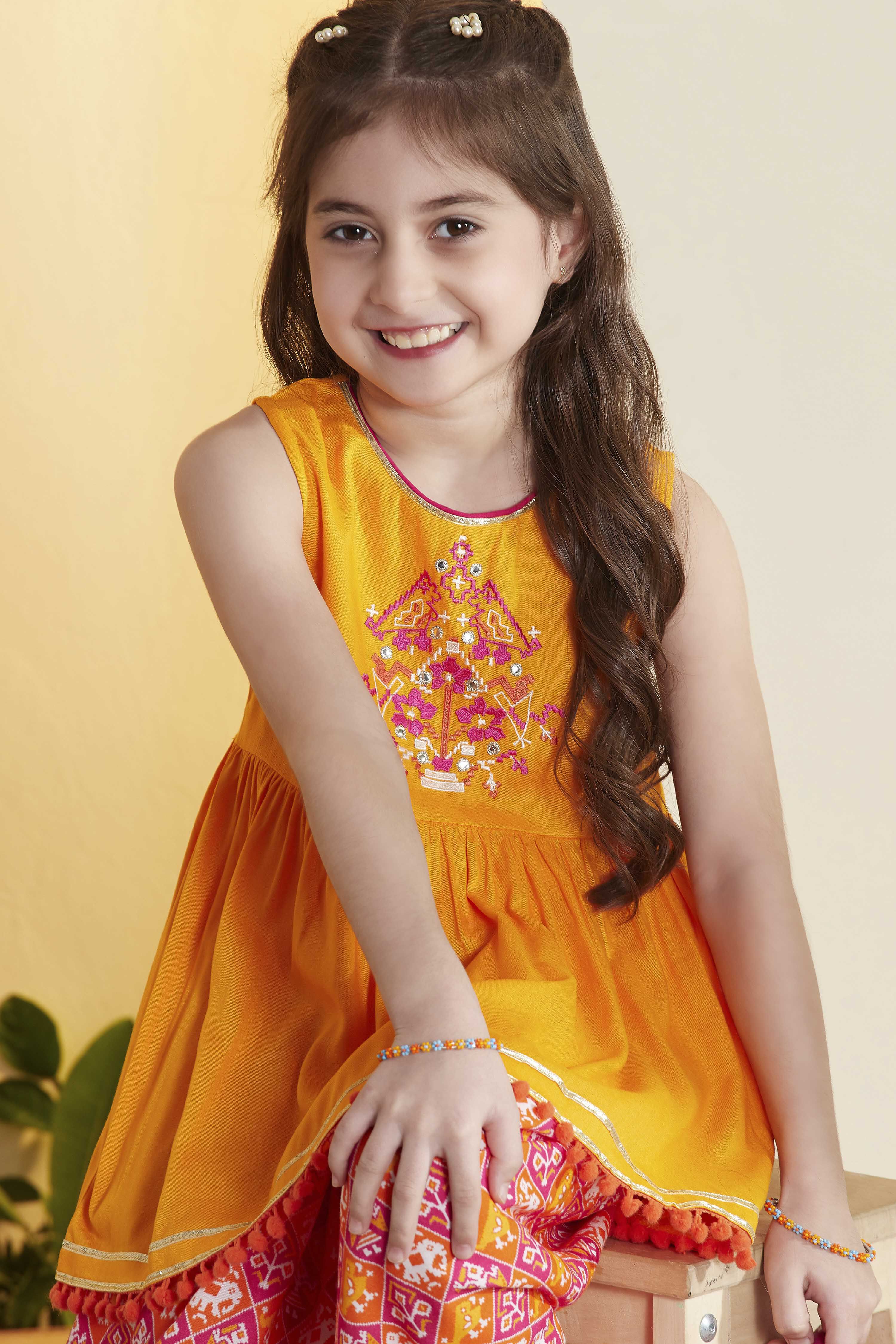 Yellow Viscose Rayon Printed Gathered Kurta Pants Set image number 1