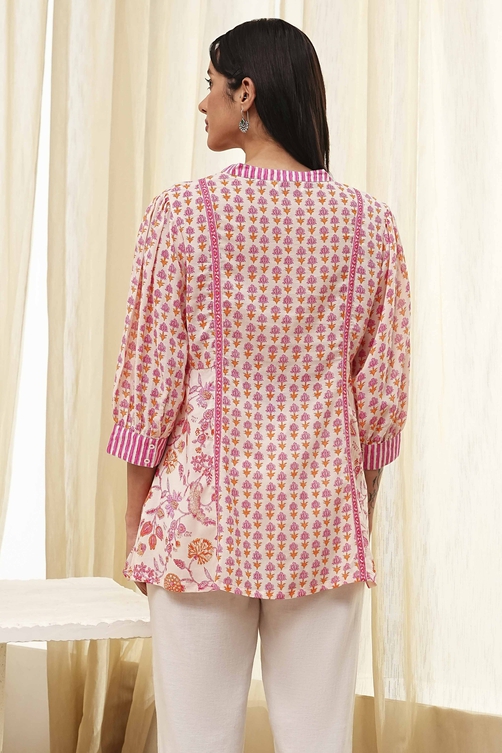 Pink Cotton Printed A-line Short Kurta image number 3