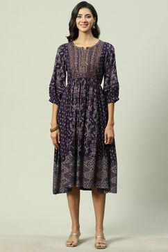 Purple Rayon Flared Printed Kurta Dress image number 5